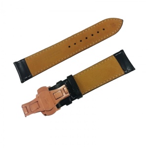Curea ceas din piele neagra cu cusatura alba + Deployant auriu-roze 14mm 16mm 18mm 20mm 22mm 24mm - Img 2