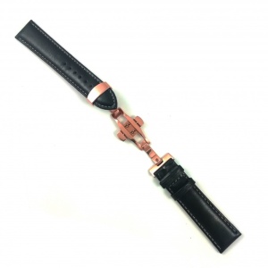 Curea ceas din piele neagra cu cusatura alba + Deployant auriu-roze 14mm 16mm 18mm 20mm 22mm 24mm - Img 4