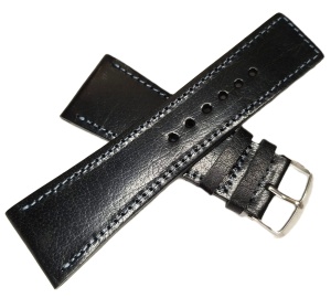 Curea Ceas HandMade în România – Piele Naturală Neagră – 34/22 mm – Cusătură Albastru Deschis - Img 2