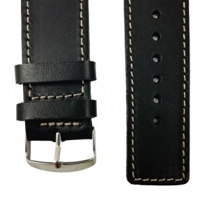 Curea de ceas Piele Naturala Neagra Cusatura Alba - Lungime XL 28mm - Img 3