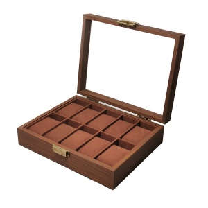 Cutie pentru Ceasuri Coffee Brown – 10 Spații – Lemn cu Geam Sticlă și Feronerie Alamă – CF-H46-6 - Img 1