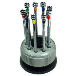 Set 9 Șurubelnițe Profesionale pentru Ceasornicărie – Suport Rotativ Acril – Capete Intersanjabile (Cruce și Plat) – CN0064
