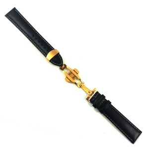 Curea Ceas Piele Neagră, Cusătură Albă & Deployant Auriu (14-24mm) - Img 3