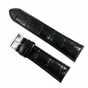 Curea de Ceas din Piele de Vițel – Neagră Lucioasă – Imprimeu Crocodil – 24/20 mm – Cataramă Argintie – WZ3389