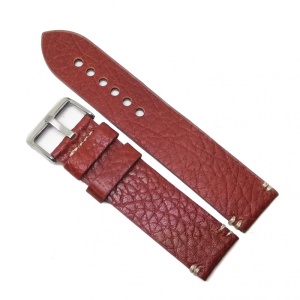 Curea de Ceas Piele Naturală Roșu Caramiziu – Textură Bizonată – 22 mm – Cusătură Albă – Cataramă Argintie
