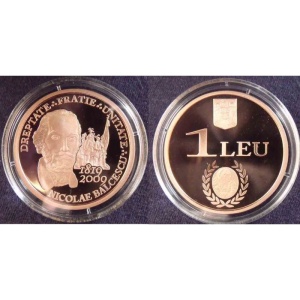Monedă 1 LEU 2009 Nicolae Bălcescu – 190 de ani de la naștere – Tombac Cuprat – PROOF – Certificat BNR – Tiraj 1000 - Img 3