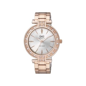 Q&Q Q885J011Y – Ceas Damă – Quartz Japonez – Carcasă Aurie 34 mm – Cadran Alb cu Strass – Brățară Metalică