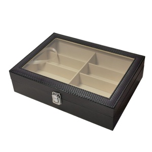 Casetă Ochelari 8 Spații – 2 Variante: Imprimeu Carbon / Negru – Geam Sticlă 3 mm