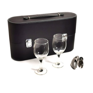 Caseta pentru vin invelita in piele ecologica cu set pahare