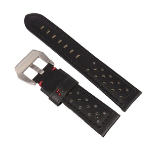 Curea de Ceas din Piele Neagră – Cusătură Roșie – 20/22/24 mm – Piele de Vițel – Cataramă Oțel Inoxidabil - Img 2