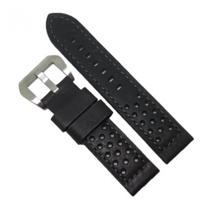 Curea de Ceas Robusta Eichmuller – Neagră cu Imprimeu Perforat (Găurele) – 22 mm – Cusătură Gri – Cataramă Argintie