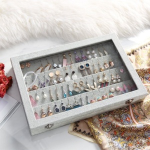 Cutie de prezentare pentru pandantive și cercei – Capac geam (plexiglas) – Interior catifea gri – 56 compartimente - Img 3