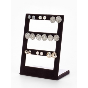 Suport Universal pentru Cercei – 3 Rânduri, 12 Perechi – Catifea Textilă Gri – 15,5 x 8 x 21 cm - Img 3