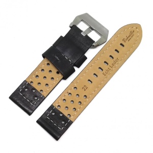 Curea de Ceas Robusta Eichmuller – Neagră cu Imprimeu Perforat (Găurele) – 22 mm – Cusătură Gri – Cataramă Argintie - Img 2