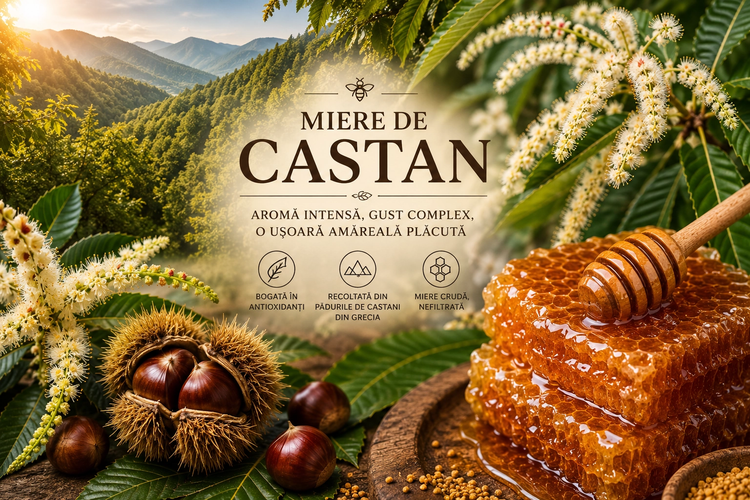 Miere de castan: beneficii, proprietăți, contraindicații și cum alegi cea mai bună miere de castan din Grecia
