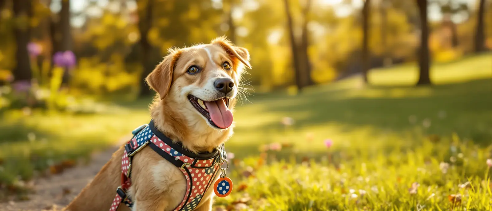 Smiling dog in a polka-dot harness on a sunny park walk with a coordinated leash and ID tag