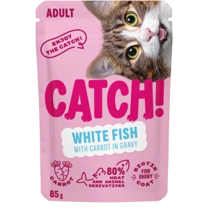 Hrana Umeda pentru Pisici adulte CATCH cu Peste Alb si Morcov, plic 85g