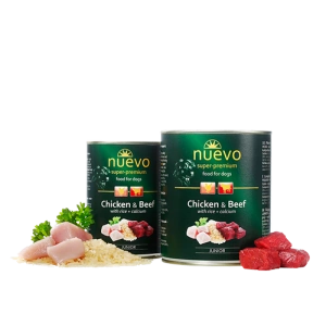 Conserva Nuevo Dog Junior Pui, Vita, Orez si Calciu 800 gr
