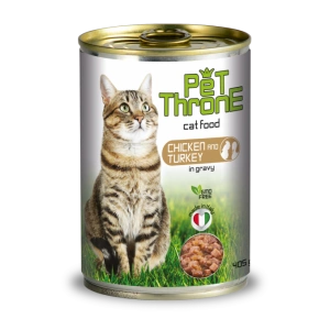 Conserva pentru pisici, Pet Throne, cu Pui si Curcan, 405 g