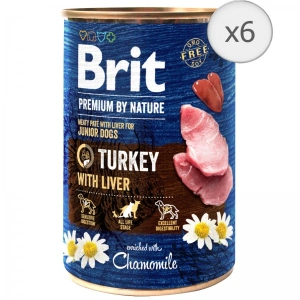 Bax 6 conserve Brit Premium by Nature Junior, Turkey with Liver 400 g