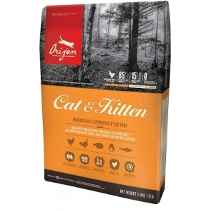 Orijen Cat & Kitten 5.4 kg + recompense WellFed, hipoalergenice, cu peste si iarba pisicii 50g