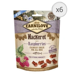 Recompense pentru caini Carnilove Crunchy, Macrou si Zmeura, 6x200g