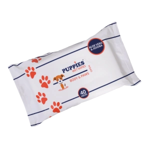 Servetele umede pentru caini si pisici, cu Aloe Vera si Jojoba, Puppies, pentru corp si labute, 40 buc - Img 2