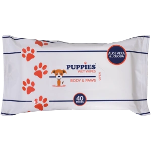 Servetele umede pentru caini si pisici, cu Aloe Vera si Jojoba, Puppies, pentru corp si labute, 40 buc