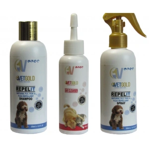 Promo Sampon + Spray antiparazitar Vetgold, Fly, Tick & Flea, pentru caini si pisici, 250ml, cadou solutie otica Vetgold 100ml