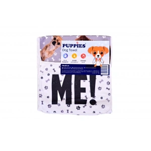 Prosop super absorbant pentru caini, Puppies, cu buzunare pentru maini, din microfibra cu uscare rapida, cu doua fete, 70 x 30 cm
