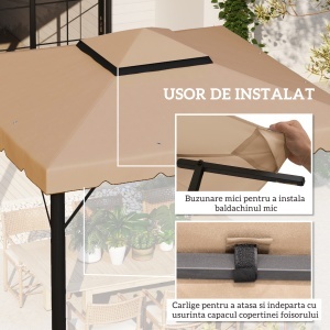 Acoperiș de Schimb pentru Pavilion 3x3 m cu 2 Niveluri, Copertină Rezistentă la Apă din Poliester 170g/㎡ cu 8 Orificii de Drenaj, Bej - Img 5