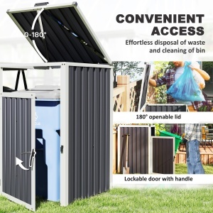 Acoperitor pentru Tomberoane de Exterior cu 2 Compartimente, Capac Rabatabil 180°, din Oțel Galvanizat, pentru Grădină sau Patio, 146x81x122 cm, Gri Închis - Img 5