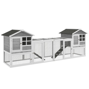 Adapost din Lemn pentru Iepuri pentru Exterior cu 2 Custi si Zona Deschisa Imprejmuita cu Usi si Rampe, 259x64x92 cm, Gri - Img 1