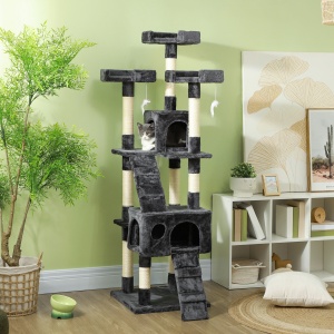 Albero Tiragraffi per Gatti con Due Cucce in Peluche e Sisal, Grigio, 50x50x170cm - Img 2