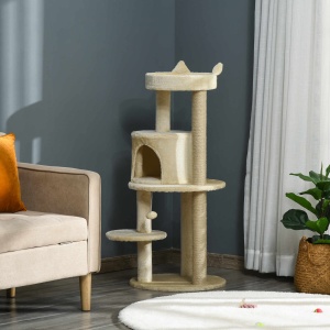 Ansamblu de Joacă pentru pisici adulte cu căsuță spațioasă și platformă, 104 cm, Crem - Img 2