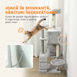 Ansamblu de Joaca pentru Pisici Înalt de 140 cm cu 2 Căsuțe, Hamac, Pat și Stâlpi din Sisal, Gri - Img 6