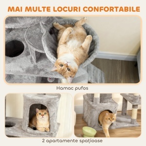 Ansamblu Mare pentru Pisici, 170 cm, cu 7 Stâlpi de Zgâriat, Tunel, 2 Căsuțe, Hamac, Platformă, Rampă, Pompoane, Gri Deschis - Img 7