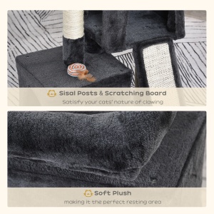 Ansamblu pentru pisici cu stalpi din sisal, pat si 2 Casute cu invelis de plus, 59x39x83cm, Negru - Img 5
