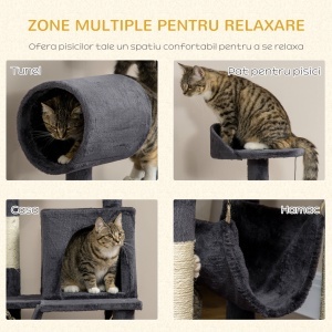 Ansamblu pentru pisici din plus si sisal cu stalpi pentru zgariat pisici, hamac, pat, tunel si minge de jucarie, 48x48x125cm, gri - Img 5