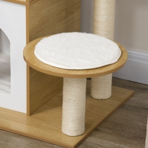 Ansamblul pentru pisici MDF cu stalpi de zgariat din sisal, 2 casute pentru pisici, platforme si minge de joaca, 60x48x133 cm, alb si stejar - Img 8