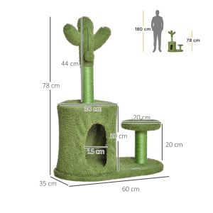 Arbore de Zgariat pentru Pisici pana la 4,5 kg in Forma de Cactus cu Mingii si Culcus, 60x35x78cm - Verde - Img 3