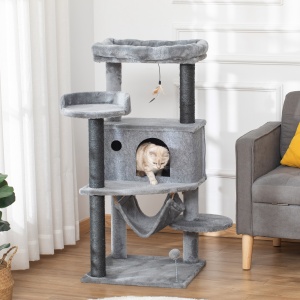 Arbore Răzuitoare pentru Pisici 48x48x107 cm Turn pentru Pisici cu Cavernă de Fetru Demontabilă Hamacă Paturi Platforme Gri - Img 2