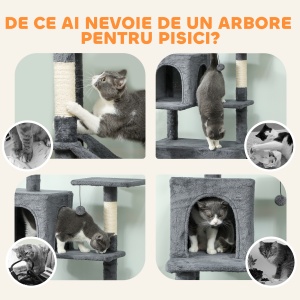 Arborele pentru Pisici mare, 202 cm, cu 6 Stâlpi de Zgâriat, 2 Hamace, 2 Stinghii, 2 Pompoane, Gri inchis - Img 8