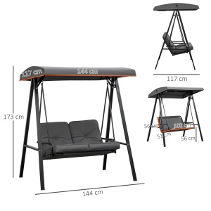 Balansoar de Grădină 2 Locuri cu Acoperiș Reglabil și Perne, 144x117x173 cm, Gri Închis - Img 3