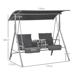 Balansoar Exterior cu Măsuță de Cafea și Suport Central pentru Pahare, Leagăn cu 2 Locuri și Acoperiș, 175x112x158 cm, Gri - Img 3