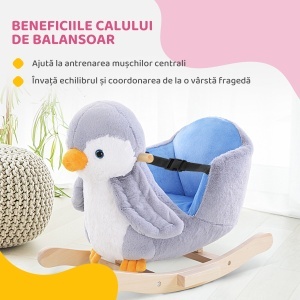 Balansoar Pinguin din Pluș cu Melodii și Centură de Siguranță, Balansoar pentru Copii, 60x33x50 cm, Gri - Img 6