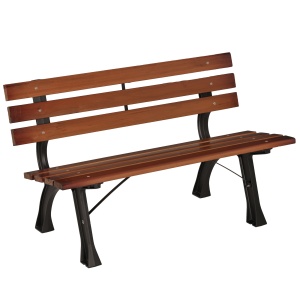 Bancă cu 2 locuri, pentru grădină și terasă, fontă de aluminiu + lemn natural, 120 x 57 x 70 cm, Maro - Img 1