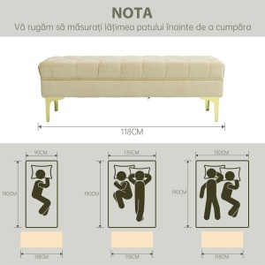 Bancă cu Husă Capitonată, Bancă Tapițată din Catifea cu Picioare Metalice, 118x45x42 cm, Bej - Img 7