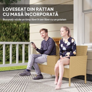 Bancă de Exterior cu Măsuță Rabatabilă și Spațiu Depozitare Crem și Kaki - Img 4