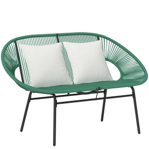 Bancă de Grădină 2 Locuri din Răchită PE, Canapea de Exterior cu Perne, Cotiere și Cadru din Oțel, Bancă pentru Terasă și Curte, 132x72x83 cm, Verde Închis
